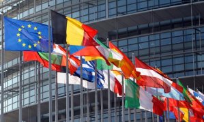 EU flags outside the European Parliament building